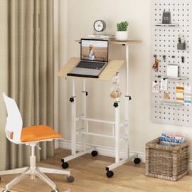 Tangkula Mobile Standing Desk, Height-Adjustable Laptop Podium Cart with Tilting Tabletop & Adjustable Angle, Rolling Stand Up Computer Desk with 2 Hanging Hooks & Lockable Casters for Home Office