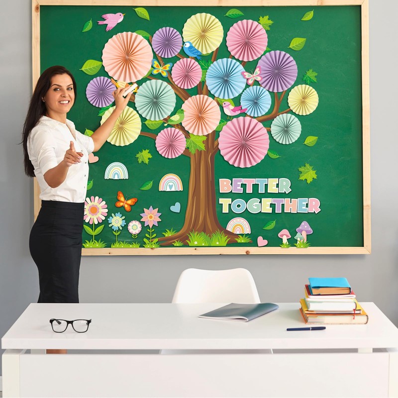 Pastel Classroom Tree Bulletin Board Set with 3D Paper Fans
