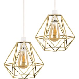 LEDSone Modern Geometric Easy Fit Gold Diamond Pendant Ceiling Light Lampshade Metal Wire Cage Lampshade for Living Room, Restaurants (Gold 2 Pack)