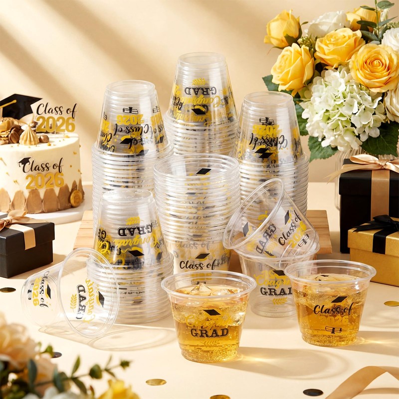 100 Pcs Graduation Cups 9oz Black Gold Class of 2026