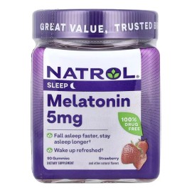 Natrol Melatonina 5 mg – 90 gomitas sabor fresa, sin gluten ni OMG, sin gelatina ni colorantes artificiales, fórmula vegetariana y sin fármacos