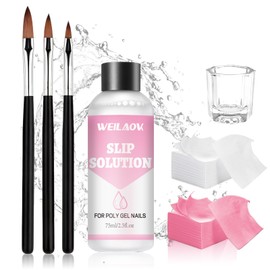 WEILAOK Slip Solution Kit, 75ML Slip Solution for Polygel Nails, Polygel Slip Solution, Contains 3 Brushes, 1 Crystal Cup, 100 Cleaning Sheets, Suitable for All Types of Nail Extension Gel