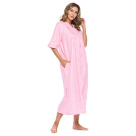Casual Nights Women's Zip Front Seersucker House Dress 3/4 Sleeves Housecoat Long Duster Lounger - Striped Pink - Large