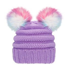 BUTITNOW Kids Girls Boys Multi-Color Ear Double Pom Pom Beanie Hat Winter Warm Rib Knitt Ski Hats (Age 7-15)