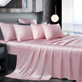 Manyshofu 7Pcs Light Pink Satin Sheets Queen Size Silky Satin Bed Sheets Set, Luxurious & Soft Satin Bedding Set - 1 Satin Fitted Sheet, 1 Satin Flat Sheet, 4 Satin Pillowcases + 1 Body Pillow case