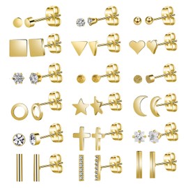 REVOLIA 18Pairs 20G Stainless Steel Tiny Stud Earrings for Women CZ Earrings Cartilage Helix Ear Piercing Set Gold-tone