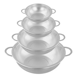 CHIHEUNG 4 PCS Stainless Steel Colander with Handle, Metal Micro-Perforations Colanders, Thickened Large Food Strainer for Food Rice Fruit Vegetable Pasta