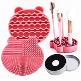 Silicon Makeup Brush Cleaner Mat with Brush Drying manual Make up brush cleaner cleanser machine Cosmetic Brush Cleaner Pad+Makeup Brush Dry Cleaned Quick Color Removal Sponge Scrubber Tool(Pink)