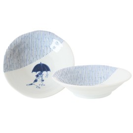 Mino ware Japanese Ceramics Pair Round Plate Japanese Cat (set of two) made in Japan GBS220 (Medium Deep, Umbrella)