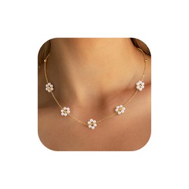 TINGN Chain Necklace Women's Gold, 14K Gold Plated Cubic Zirconia Four Leaf Clover Flower Pearl Necklace Ladies Girls Anniversary Birthday Gift for Women Girls Girlfriend Jewellery, Brass, zirconia