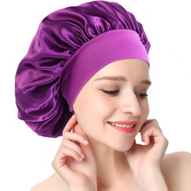 Sleep Cap Satin Bonnet Night Sleep Hat Adjustable Sleep Cap Headwear Soft Head Cover for Women Girls Sleeping - Purple