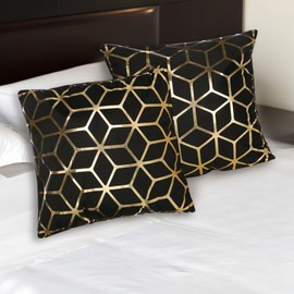Betadistor Velvet Cushion Cover Gilding Stacked Cubes Throw Pillow Covers Square Decorative Cushion Case Soft for Home Sofa Living Room Bedroom 18x18 Inch Pack of 2, Gold Cubes, 524-0526