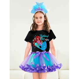 Doctor Unicorn Birthday Girls Mermaid Outfit Set Costume Tutu Skirt Dress, Mermaid Birthday Shirt, Headband & Satin Sash (Black-2, 3-4 Years)