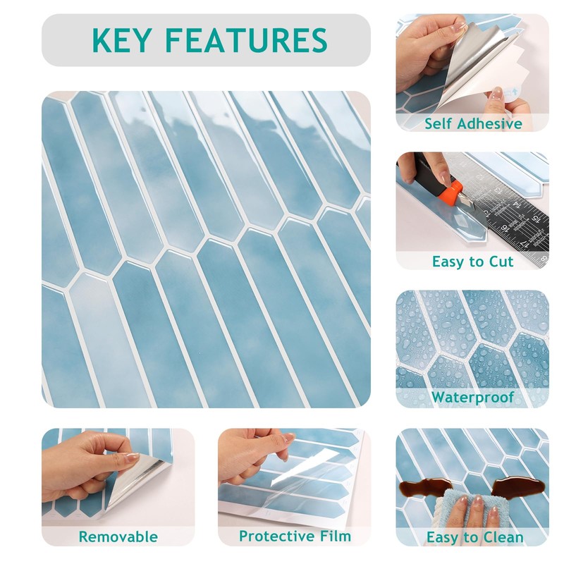 VEELIKE Blue Long Hexagon Peel and Stick Tile Backsplash 6