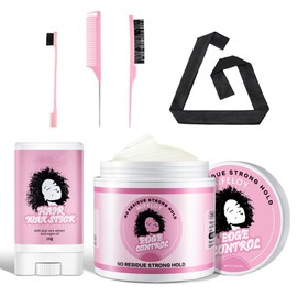 Mifeloy 113g Edge Control Wax Pomade Styling Gel, Bristle Brush, Rat Tail Comb, Edge Brush, Satin Edge Scarf, 15g Hair Wax Stick - Pink