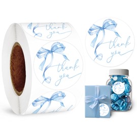 Whaline 500Pcs Blue Bow Thank You Sticker Watercolor Bowknot Paper Decal Coquette Adhesive Seal Sticker Label for Baby Shower Party Small Business Supplies, 1.5 in