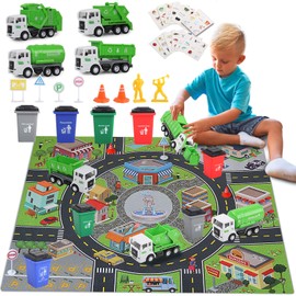 Y.L. DOYMX Toy Garbage Truck - Trash Truck Toys w/Play Mat, 4 Pcs 6 Inch Friction Powered Small Garbage Truck Toy, 8 Signposts, 4 Trash Bins with 108 pcs Trash Cards for Boys Age 3+ Toddlers Kids Gift