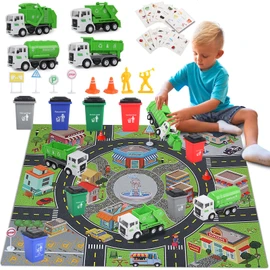 Y.L. DOYMX Toy Garbage Truck - Trash Truck Toys w/Play Mat, 4 Pcs 6 Inch Friction Powered Small Garbage Truck Toy, 8 Signposts, 4 Trash Bins with 108 pcs Trash Cards for Boys Age 3+ Toddlers Kids Gift