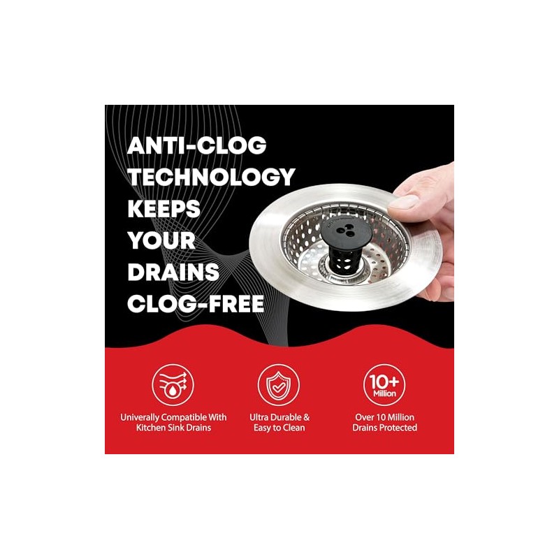 Kitchen SinkShroom Revolutionary Clog-Free Stainless Steel Sink Strainer, Black, 1-(Pack)