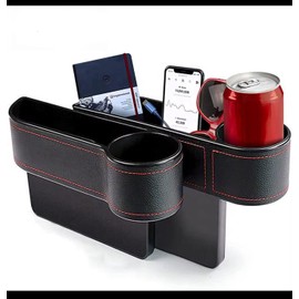 Car Seat Gap Organizer with Cup Holder – Black Leather with Red Stitching – 2-Piece Set (Driver & Passenger Side)