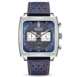 MEGIR Men's Rectangle Business Work Analogue Quartz Chronograph Luminous Sport Wrist Watch with Leather Strap 2182 Blue