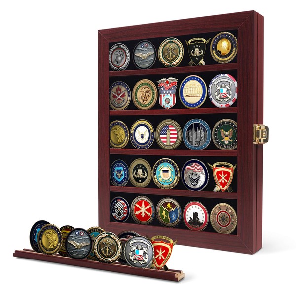 flybold Challenge Coin Display Case Challenge Coin Holder Coin Box Military Coin Display Case 92% Clear Antitheft Twin Slot Coin Rack fits 45 Military Medals Poker Chip for Collectors Mahogany Frame