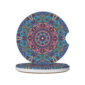 Car Coaster for Cup Holders,Vector Mandala Coaster 2 Pack Absorbent Ceramic Coaster for Drinks, Cute Car Assecories for Women Men, Universal Size 2.56" with Finger Notch & Cork Base for Easy Removal