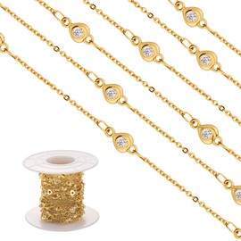 COGCHARGER 3.28 Feet 1M Clear Cubic Zirconia Heart Link Chains Real 18K Gold Plated Cable Link Chain Unwelded Metal Chain for Jewelry Necklace Making
