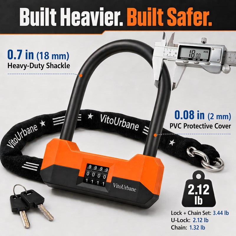 Combination Bike U Lock and Chain Set for Bikes, E-Bikes