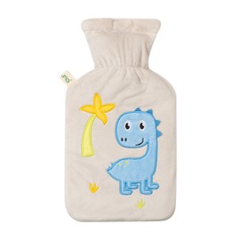 Premium Hot Water Bottle 1 Litre with High-Quality Soft Fleece Cover Embroidered Dino Velcro Fastener and Extra Lining BS1970:2012 Certified Model TÜV Rheinland Tested - Dino Beige