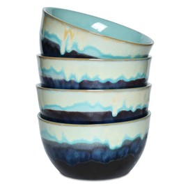Bosmarlin Stoneware Cereal Bowls Set of 4, 26 Oz, Soup Bowls for Oatmeal, Salad, Dishwasher and Microwave Safe, Reactive Glaze (26 Oz, Pastel Blue)