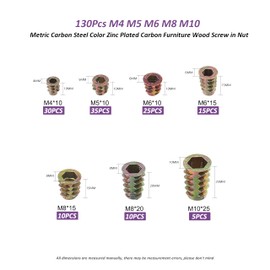 FullFun 130PCS Metric Threaded Inserts Nuts for Wood, M4/M5/M6/M8/M10 Zinc Alloy Screw-in Nut Wood Inserts, Threaded Inserts Assortment Tool Kit for Furniture, Wooden Products, and Wooden Models