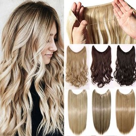 Secret Wire in Hair Extensions Straight Curly Wavy Hair Extension Long Hairpiece Blonde Brown Black Color For Women 20" Straight - Ash blonde mix bleach blonde