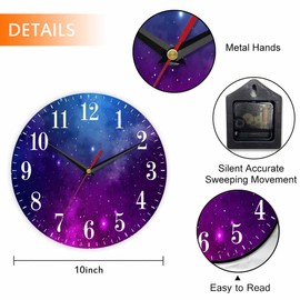 Mxocom Colourfull Sky Wall Clock Blue Purple Nebula White Colour Star 10 Inch Silent Non Ticking Battery Operated Clock Vintage Round Clock for Living Room Bedroom Bathroom Office Decor
