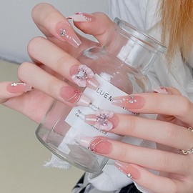 Pure Handmade Nails Press on Nail Reusable Fake Nails Pink French Rhinestones Ribbon Bow Bling Bling Nude Medium Stick on Nails French Tip False Nails 10pcs (XS, Q269)