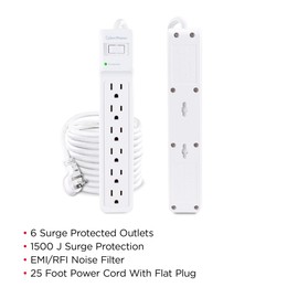 CyberPower B625 Essential Surge Protector, 1500J/125V, 6 Outlets, 15 ft Power Cord, White, UL Listed