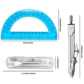 Tdfronien Students Geometry Math Set, Drawing Compass and 6 Inch Transparent Swing arm Protractor 180 Degree Math Protractor (Blue)