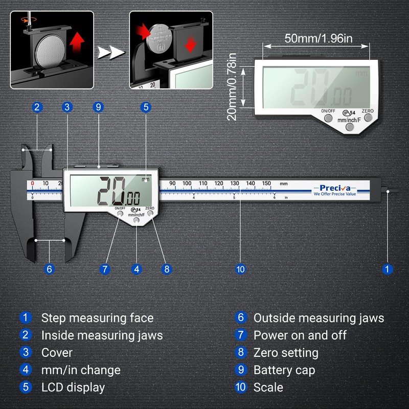 Preciva 6 Inch Digital Caliper, High Precision Measuring Tool with