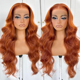MITIMES Ginger Orange Lace Front Wig, Synthetic Hair, Long Body Wave, Suitable for Any Face Shape, Scalp-Like Growing, Pre-Cut HD Lace, Glueless Wear, Perfect for Beginners
