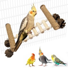 Jevnd Heavy-Duty Wood Bird Ladder Platform, Edible Bird Perches for Cage with Pinecones Chew Toys, Natural Hanging Parrot Perch Bridge, Climbing Play Stand for Parakeet Conure Cockatiel Budgie Quaker
