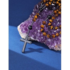 PiercingJak Catholic Rosary Cross Chain Men Women Necklace with Hematite Cross Pendant Gemstone Crystal Jewellery Christian Religious Prayer Communion Christening Gifts for Men Women, Gemstone