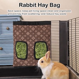 Rabbit Hay Feeder Bag, Large Capacity Rabbit Hay Bag Small Animal Hanging Hay Bag 600D Oxford Cloth Bunny Hay Feeder Bag for Rabbits Guinea Pigs Chinchillas (Brown-2 Holes-2Pcs)