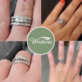 Wuziwen Vintage Princess Ring Enhancer for Women AAAAA CZ Wedding Band Set 925 Sterling Silver (Silver, 9)