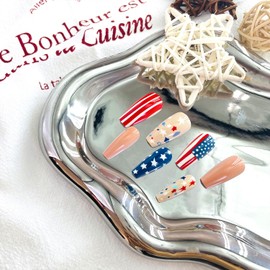 4th of July Press on Nails Medium Independence Day False Nails Acrylic Coffin Glue on Nail with Star Stripe Decoration Artificial Fake Nail Reusable for Women 24Pcs