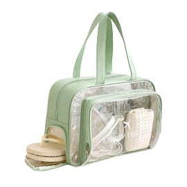 TALOMON Transparent PVC & PU Makeup Bag - Large Capacity, Wet/Dry Separation with Two or Three Partitions, Travel Toiletry Bag for Skincare, Beach & Poo（ Green