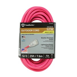 Coleman Cable 2577SW000A 25-Foot 12/3 Neon Outdoor Extension Cord, Made in the USA, Water Resistant Vinyl Jacket, Reinforced Blades, Clear Molded Plug With Power Indicated Light, Fluorescent Pink