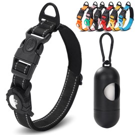 JSXD AirTag Dog Collar, Night Reflective Nylon Dog Collar for Small Medium Large Dogs,Lockable Quick Release Buckle,Padded Breathable Pet Collar with AirTag Holder (Black, Small)