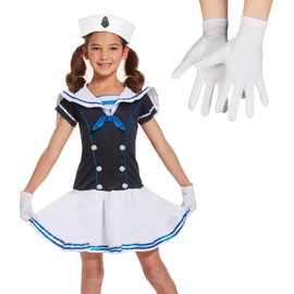 Edozos Children's Sailor Girls Fancy Dress Costume Set Hat + Dress + Gloves ~ School Play Book Week Themed Party Cosplay Navy Marine Yacht Outfits (7-9 Years)