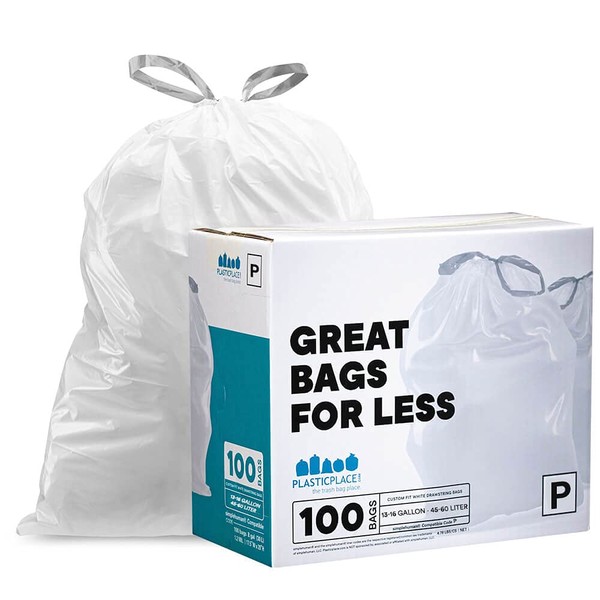Plasticplace Custom Fit Trash Bags, Compatible with simplehuman Code P (100 Count) White Drawstring Garbage Liners 13-16 Gallon, 23.5" x 31.5"
