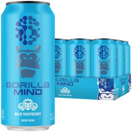 Gorilla Mind Energy Drink | Unmatched Energy · Amplified Focus | N-Acetyl-L-Tyrosine, Alpha-GPC, 200mg Caffeine, Uridine, Saffron | 0 Sugar Or Artificial Colors | 16oz, 12-Pack (Blue Raspberry)